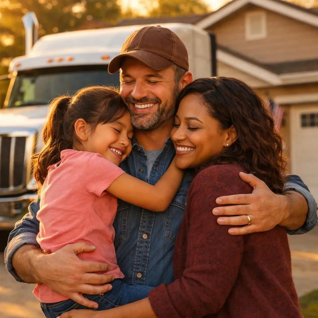 Trucker dad hugging his wife and daughter beside his truck — protected by Trucker Advocate life insurance